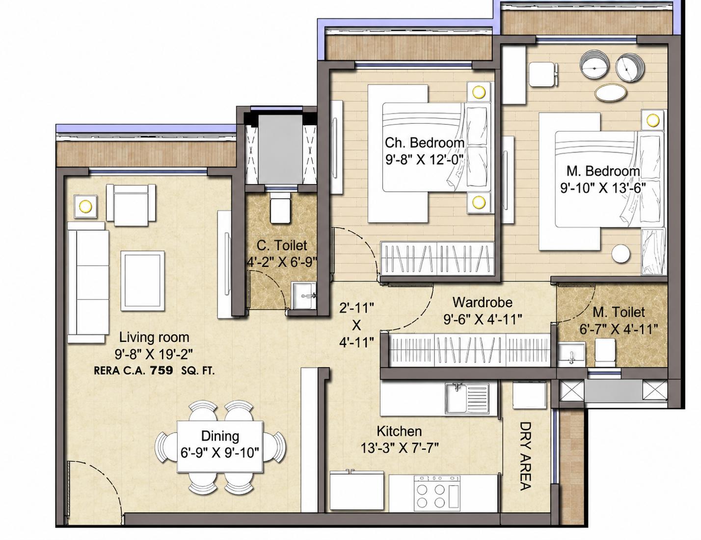 2BHK floor plan