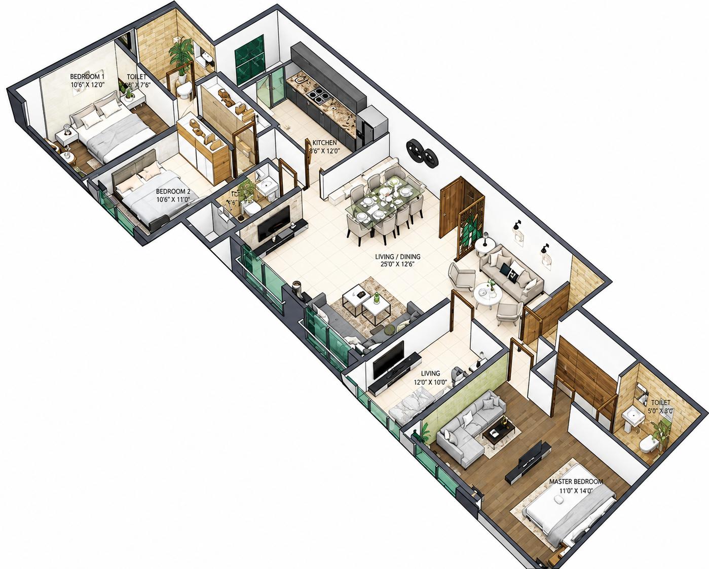4BHK 2+2 Jodi floor plan