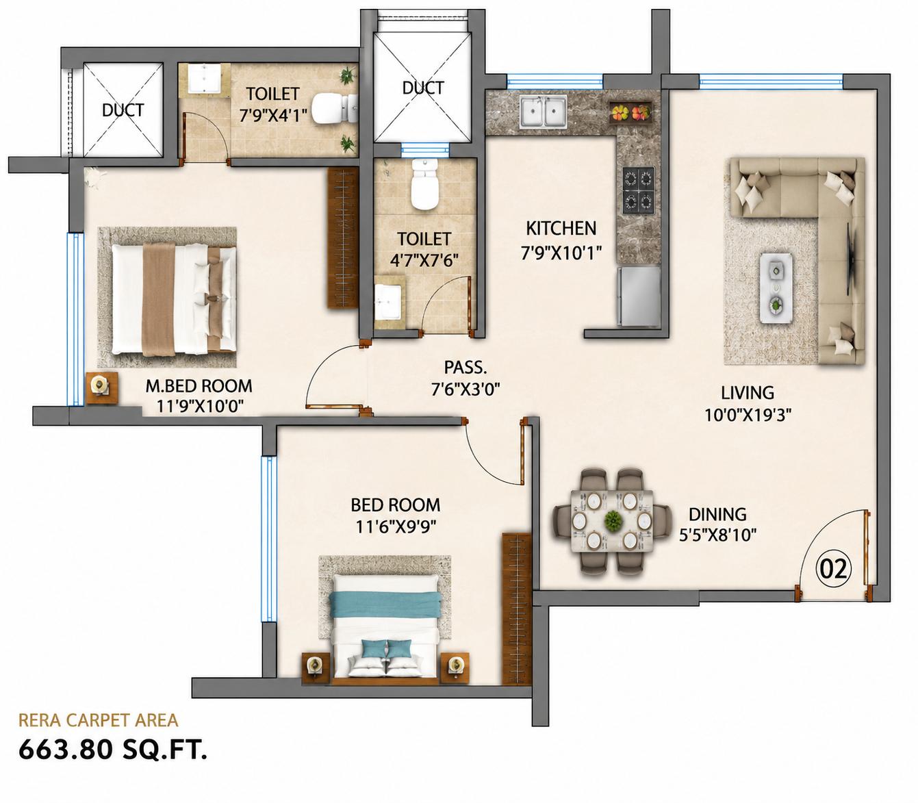 2BHK Luxury floor plan