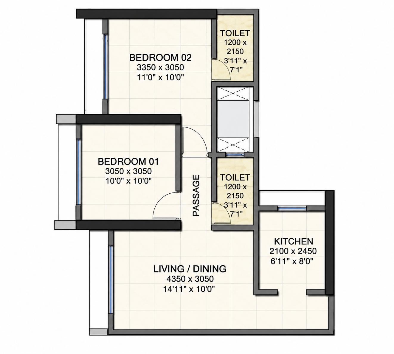 2BHK Type1 floor plan