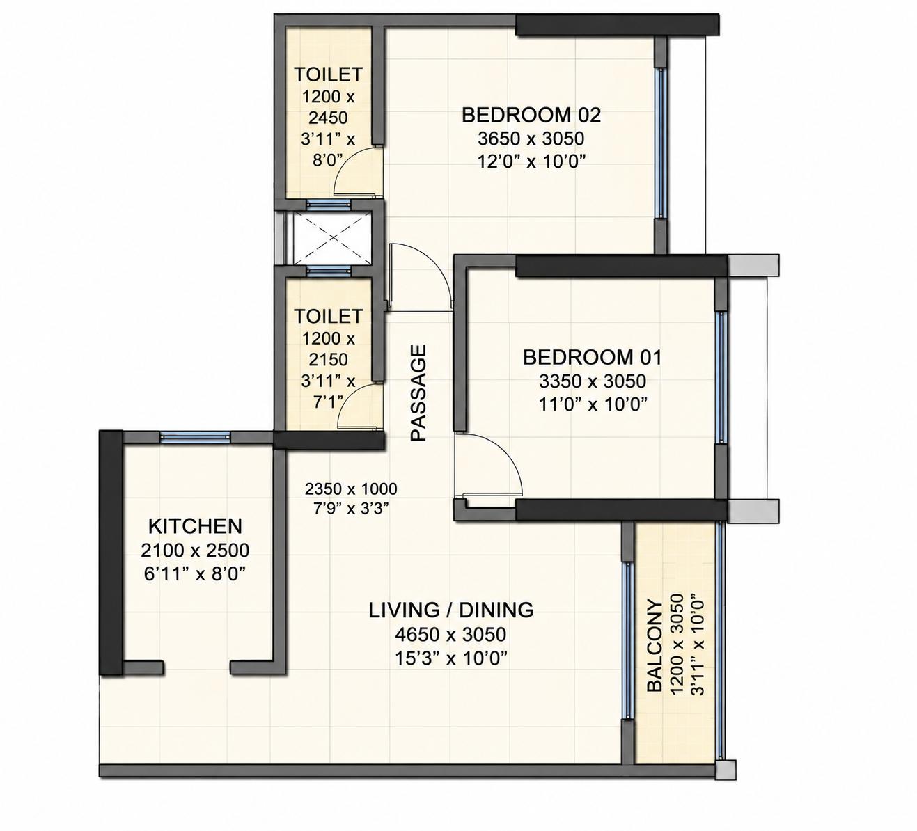 2BHK Type2 floor plan