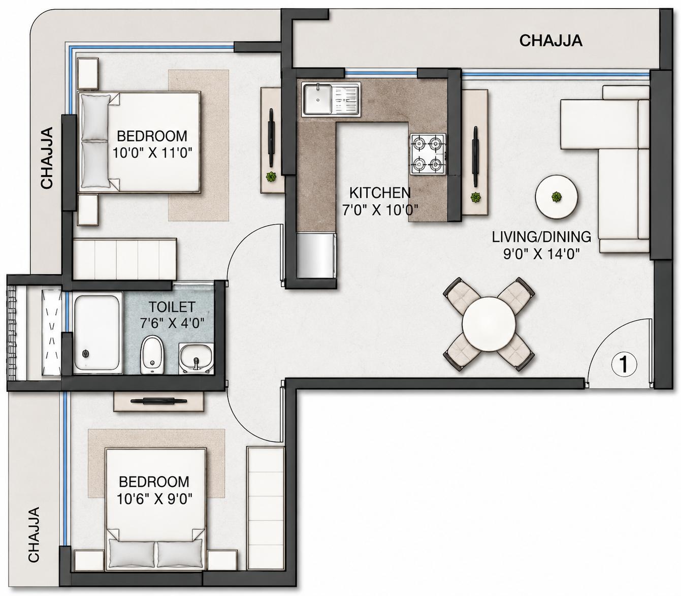 2BHK floor plan