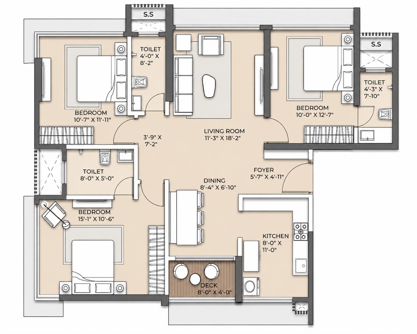 3 BHK floor plan