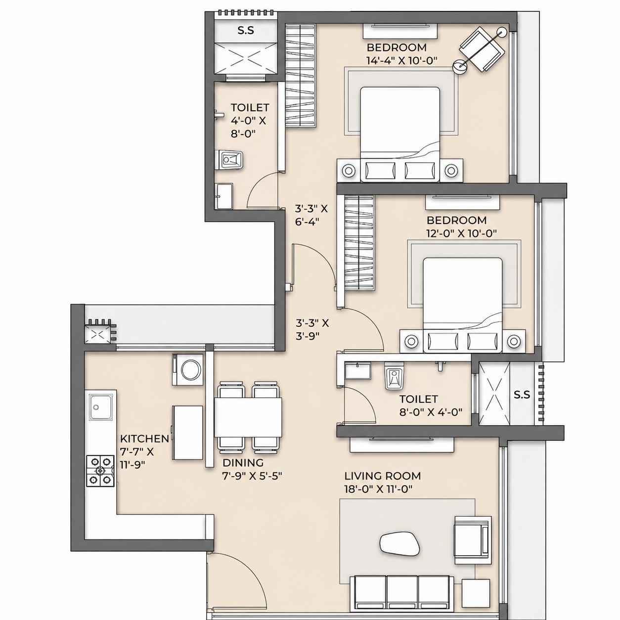 2 BHK Type3 floor plan