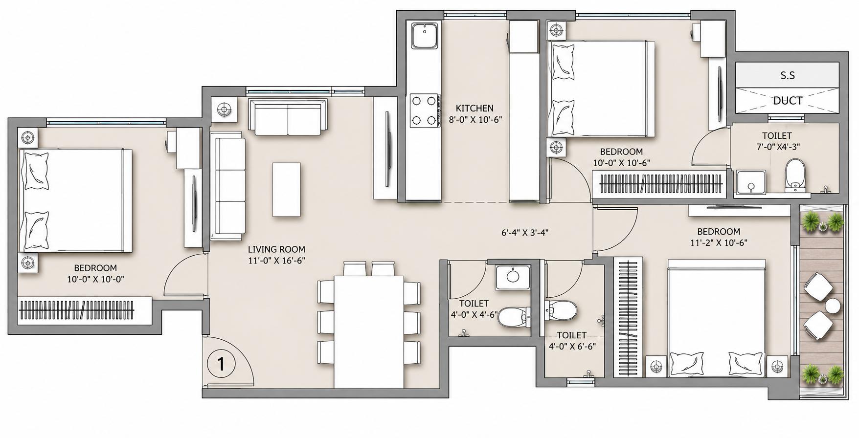 3BHK floor plan
