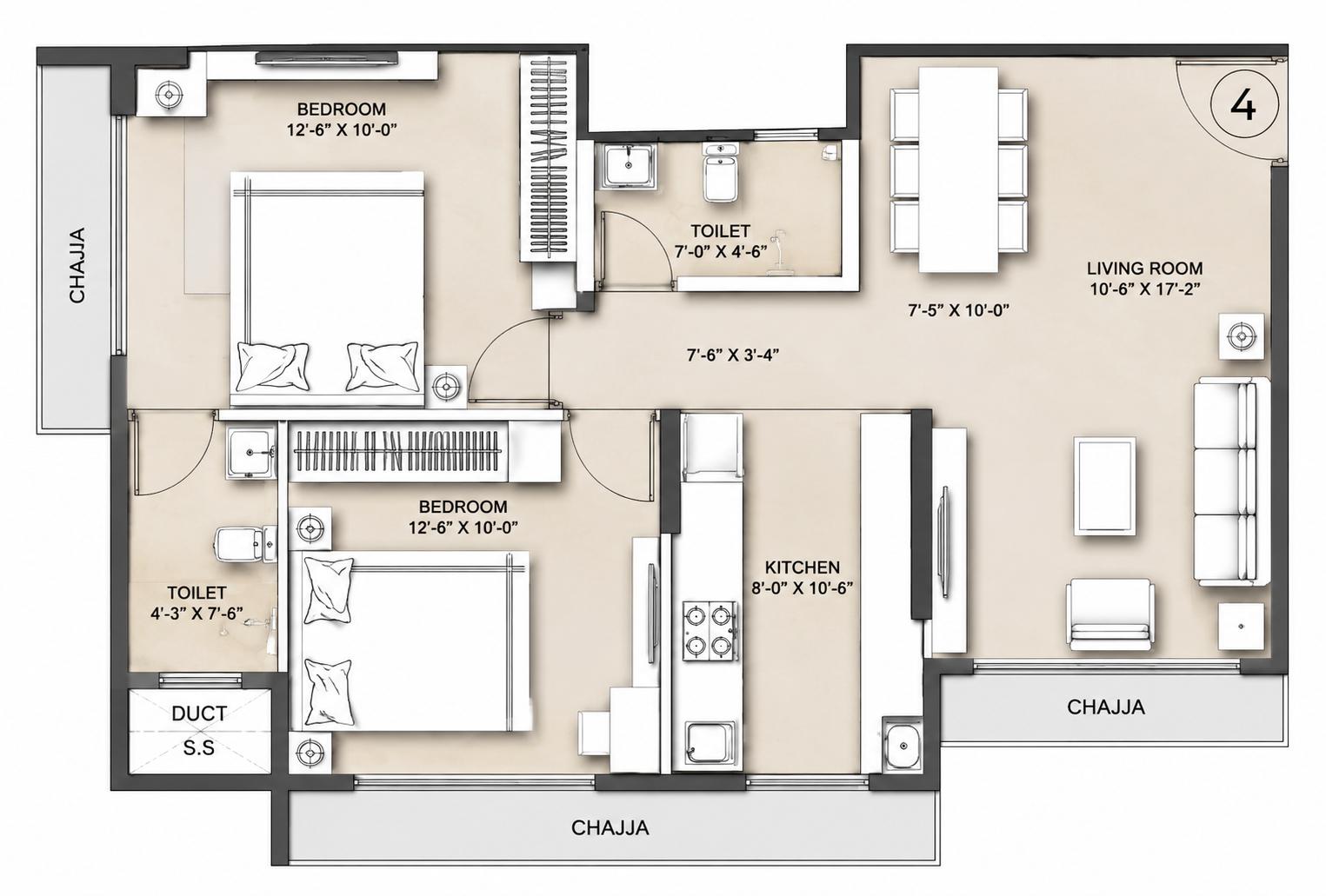 2BHK floor plan