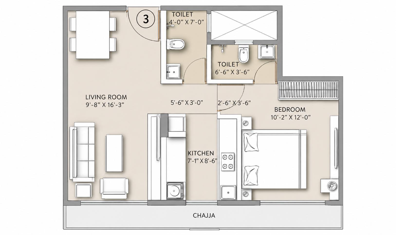1BHK floor plan