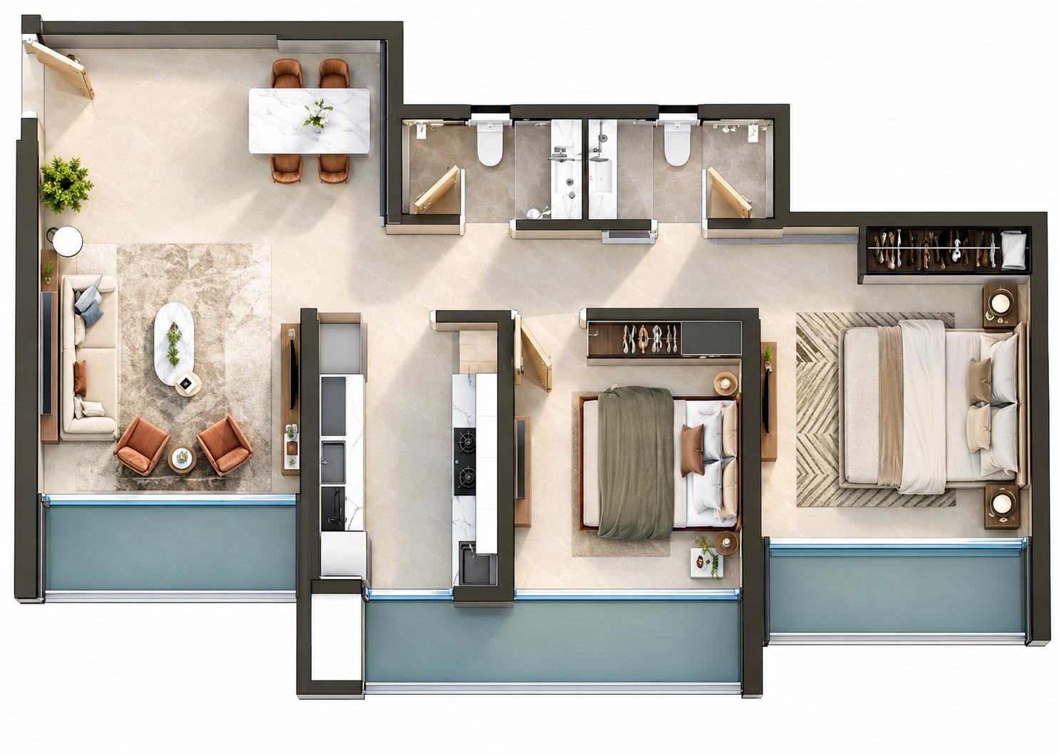 2 BHK T2 floor plan