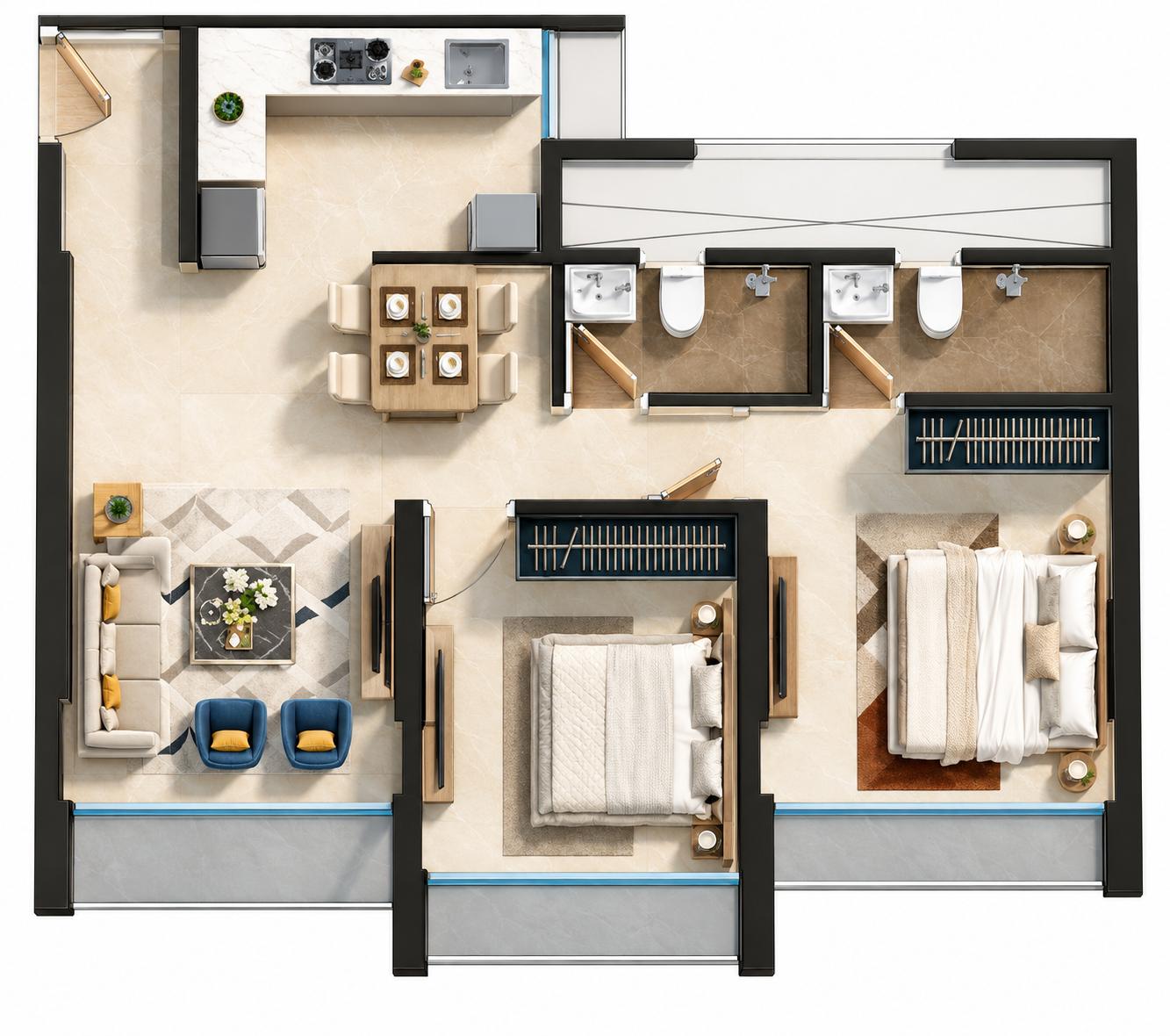 2 BHK T1 floor plan