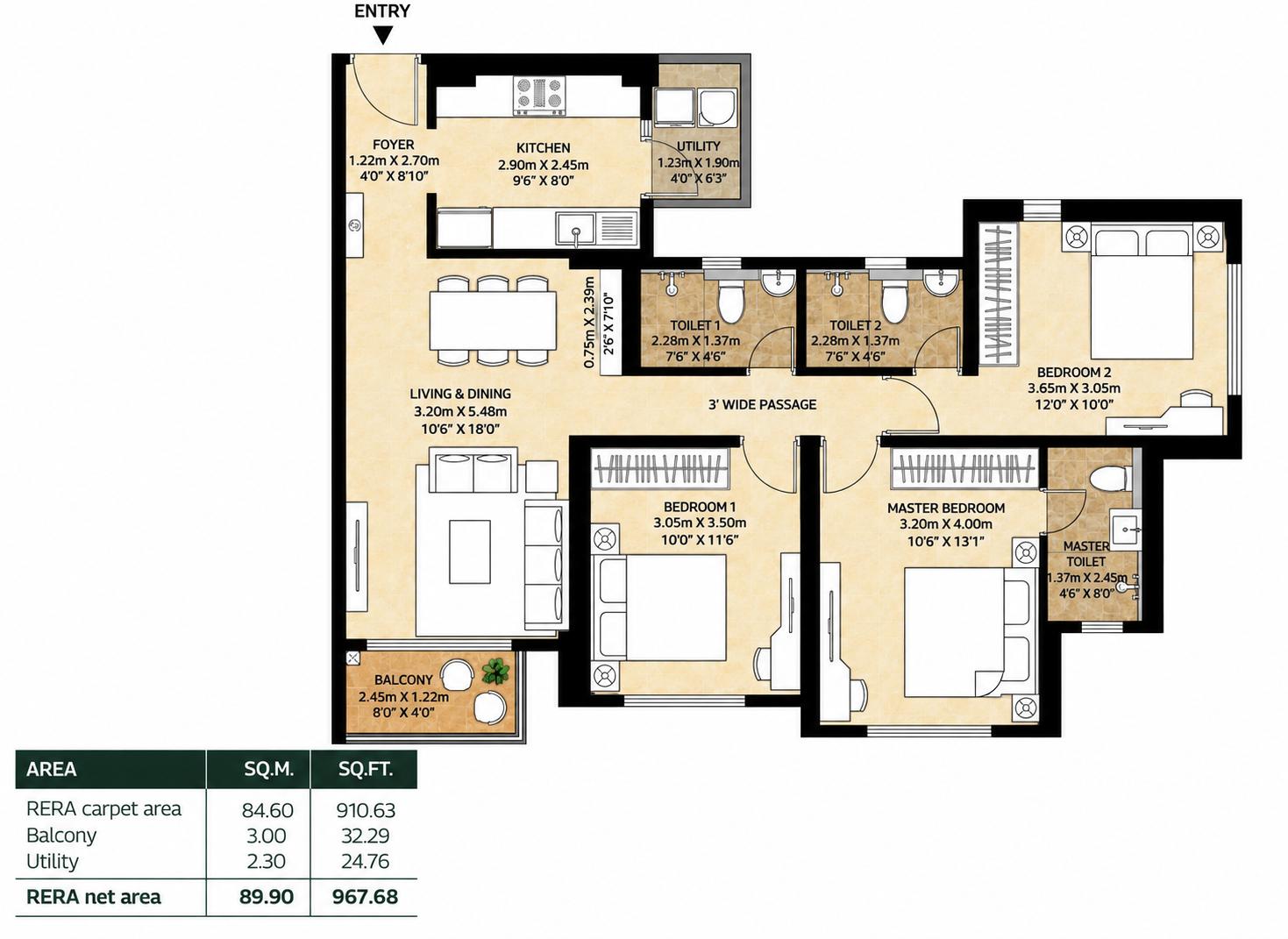 3BHK floor plan