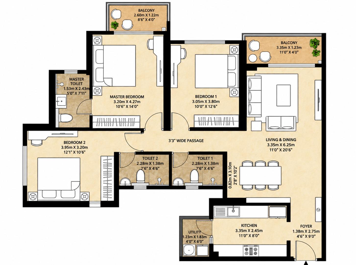 3BHK Premium floor plan