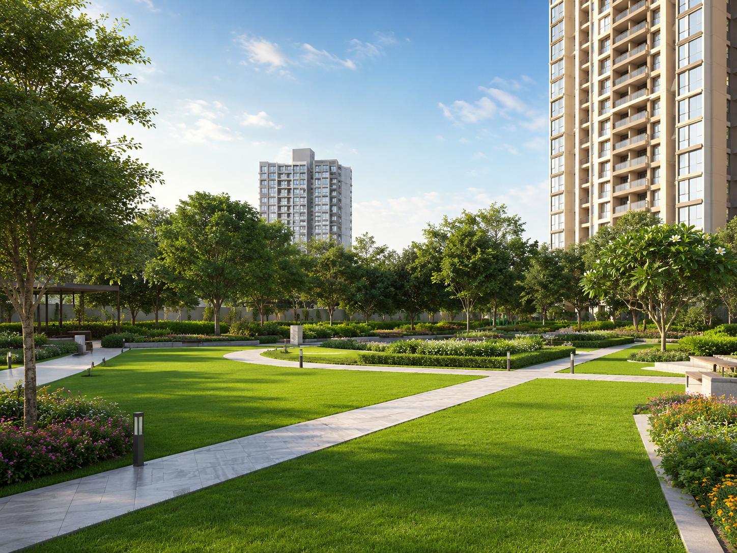 Landscaped gardens at Rijin Florence, Dahisar West