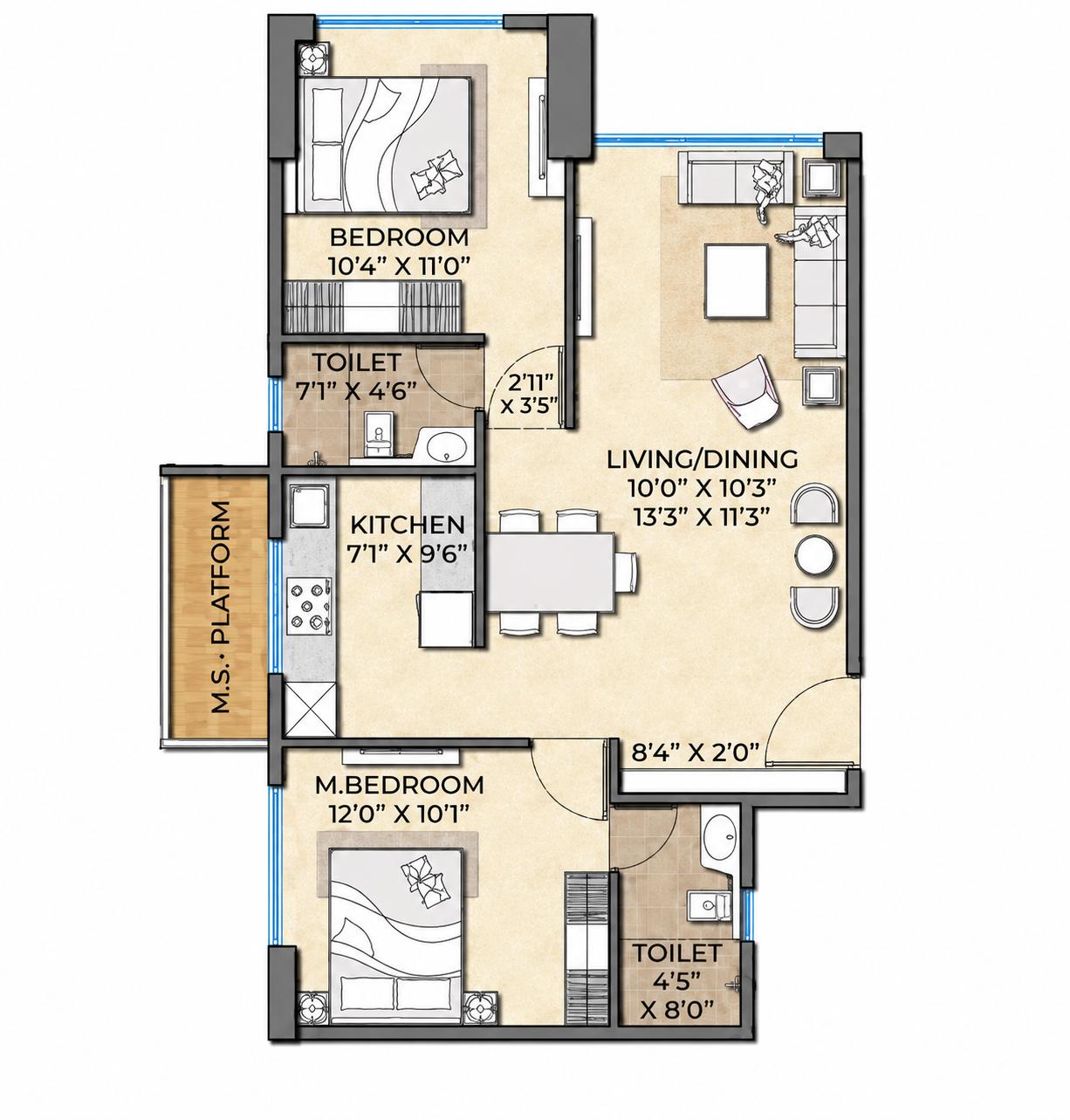 2BHK Type1 floor plan