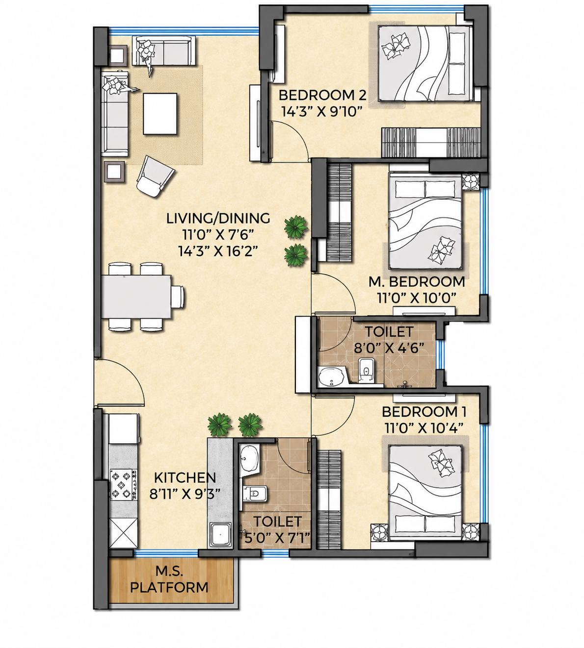 3BHK floor plan