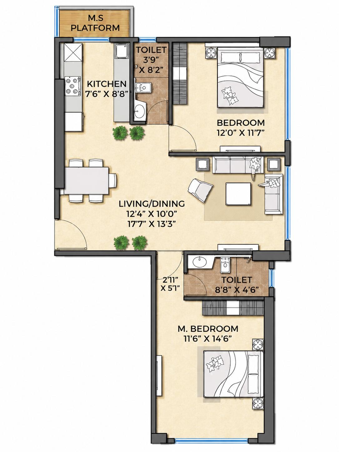 2BHK Type2 floor plan