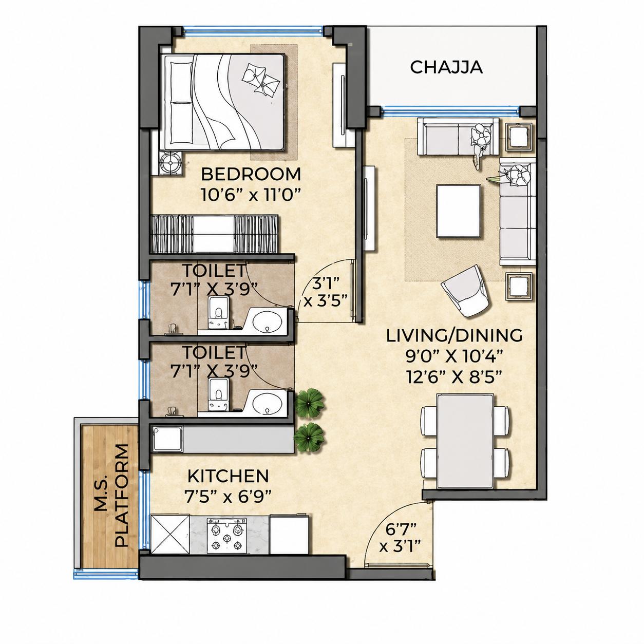 1 BHK floor plan