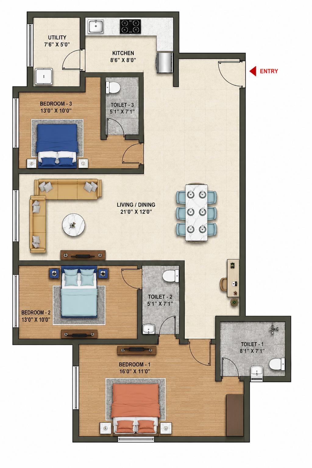 3BHK floor plan
