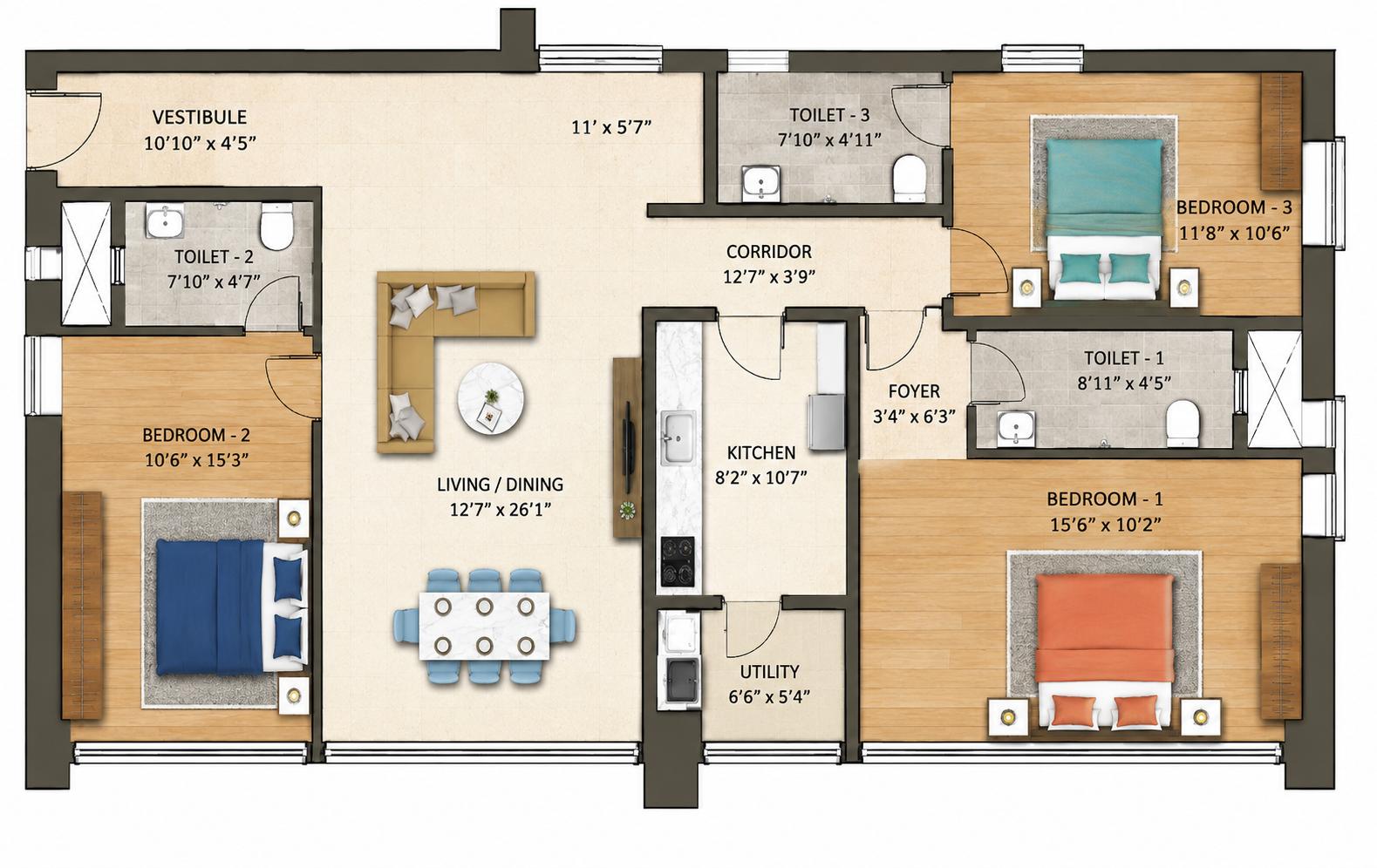 3BHK Majestic floor plan