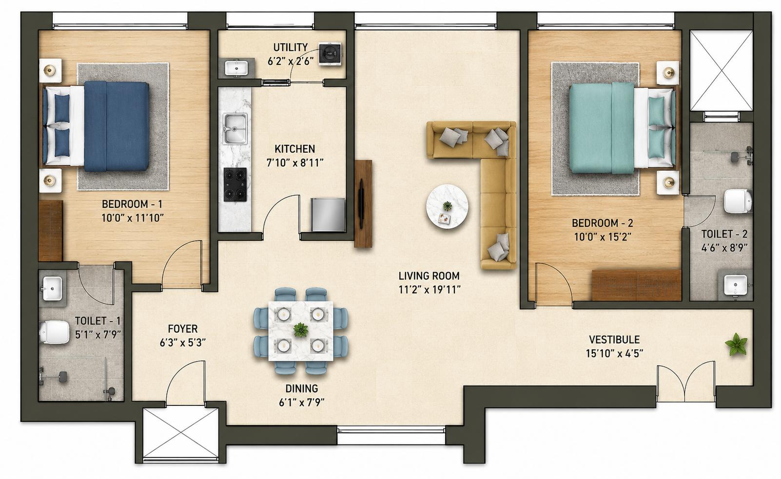 2BHK floor plan