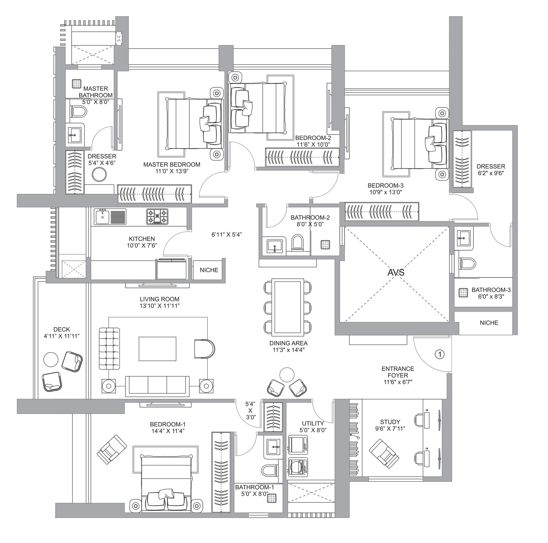 4 BHK Type1 floor plan
