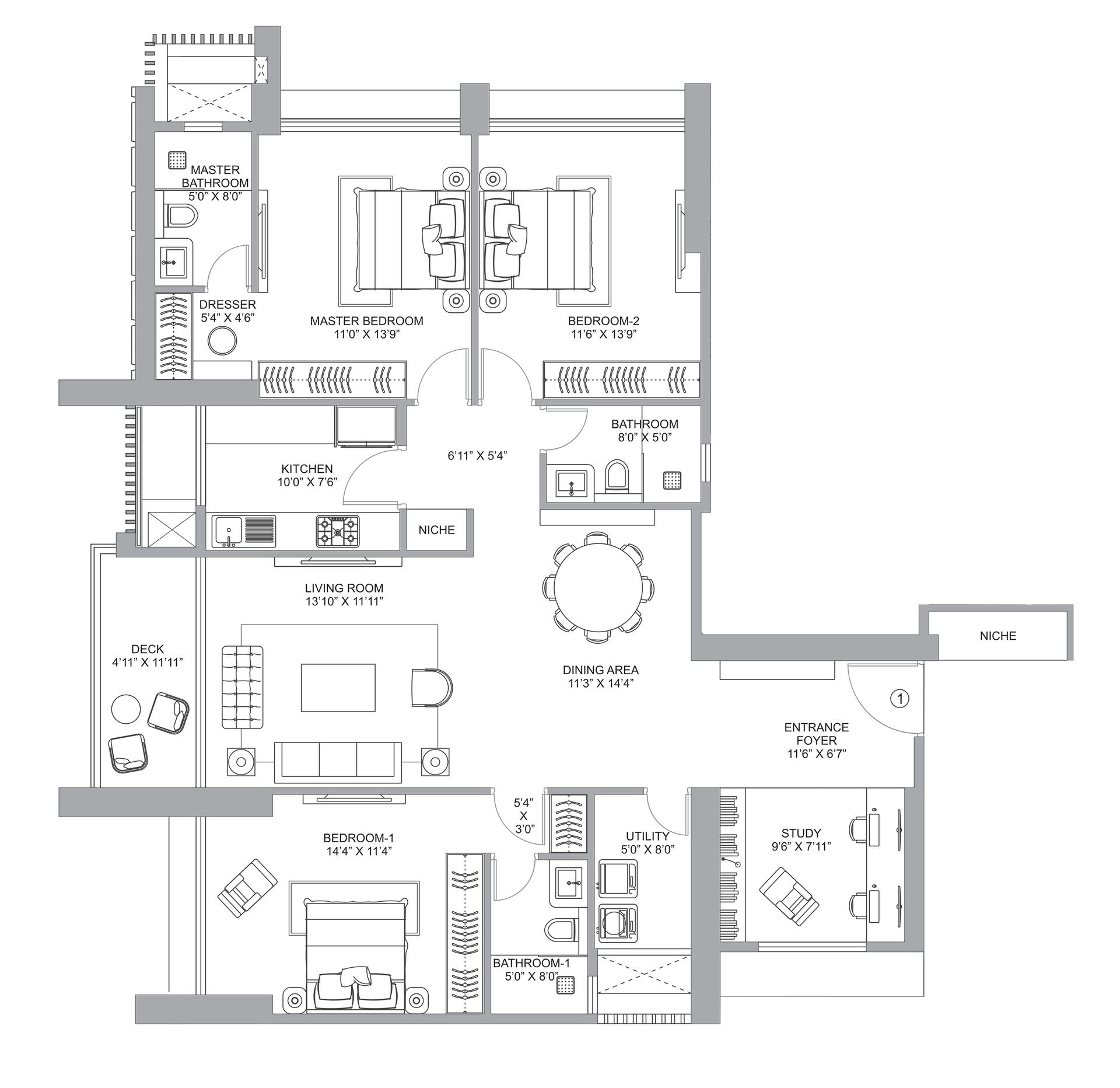 3 BHK floor plan