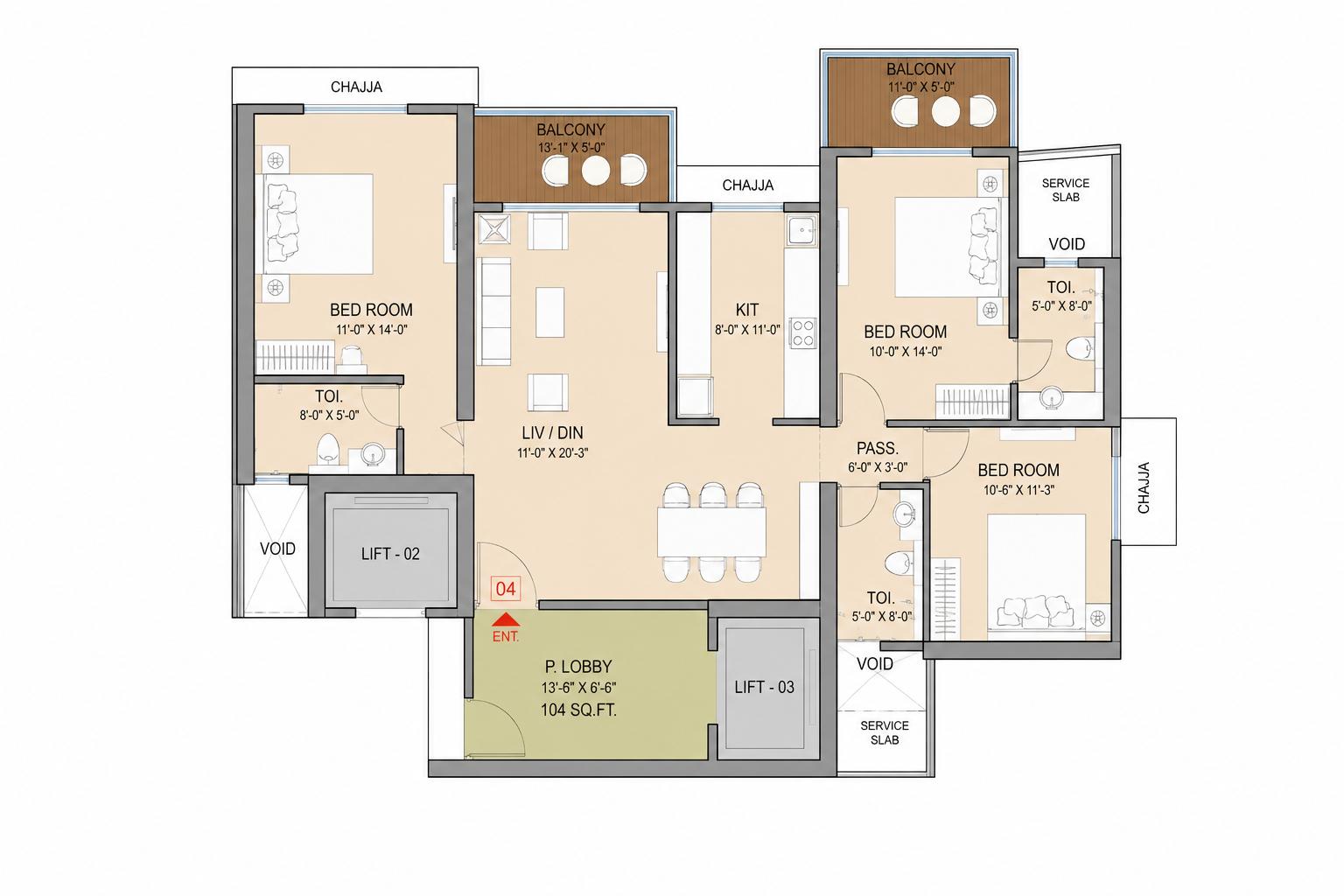 3BHK floor plan