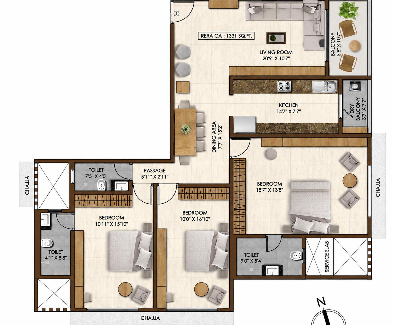 3BHK floor plan