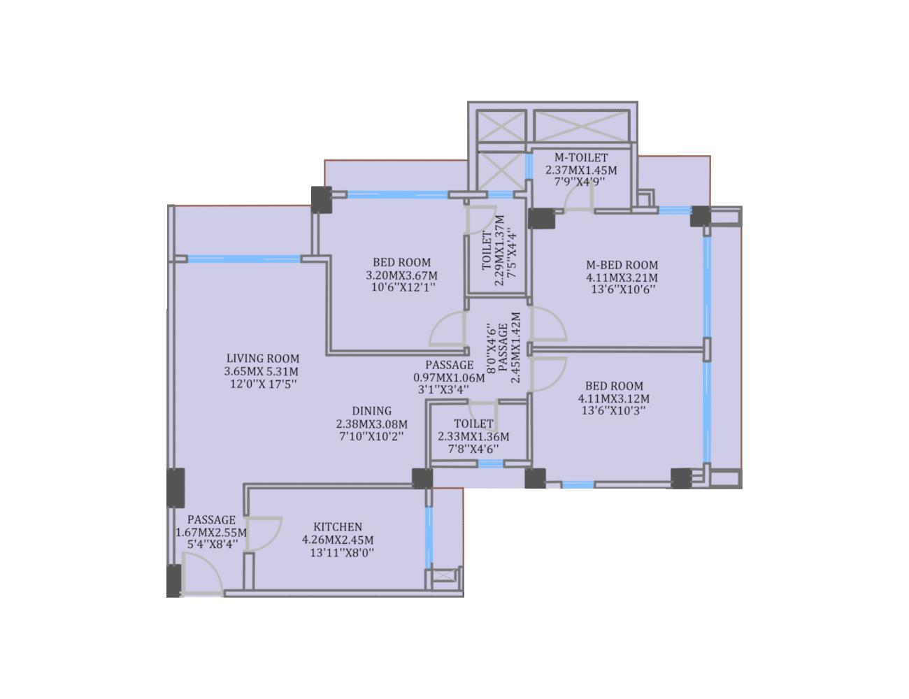 3BHK Type1 floor plan