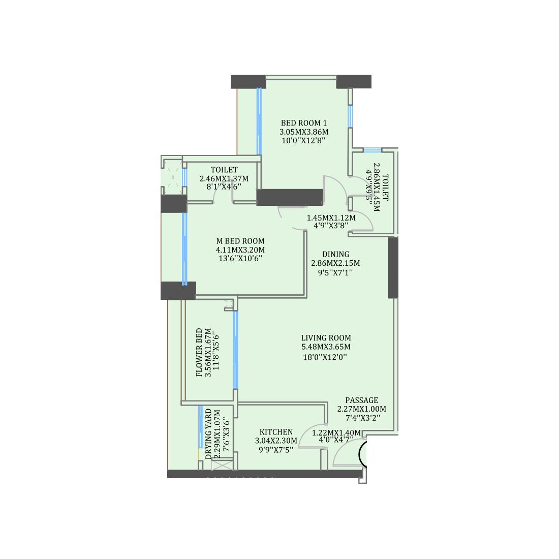 2BHK Type1 floor plan