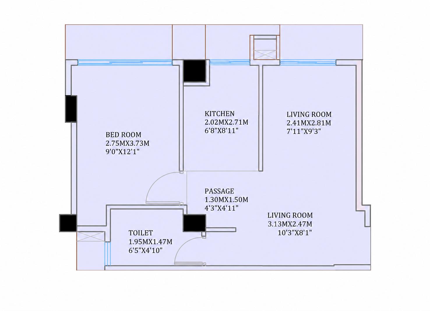 1BHK Type1 floor plan
