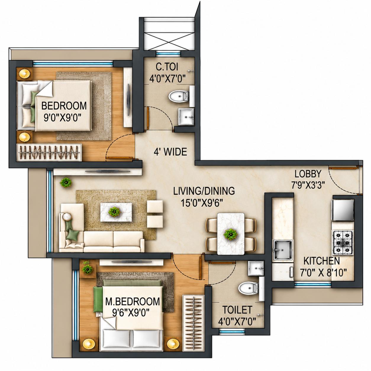 2BHK floor plan