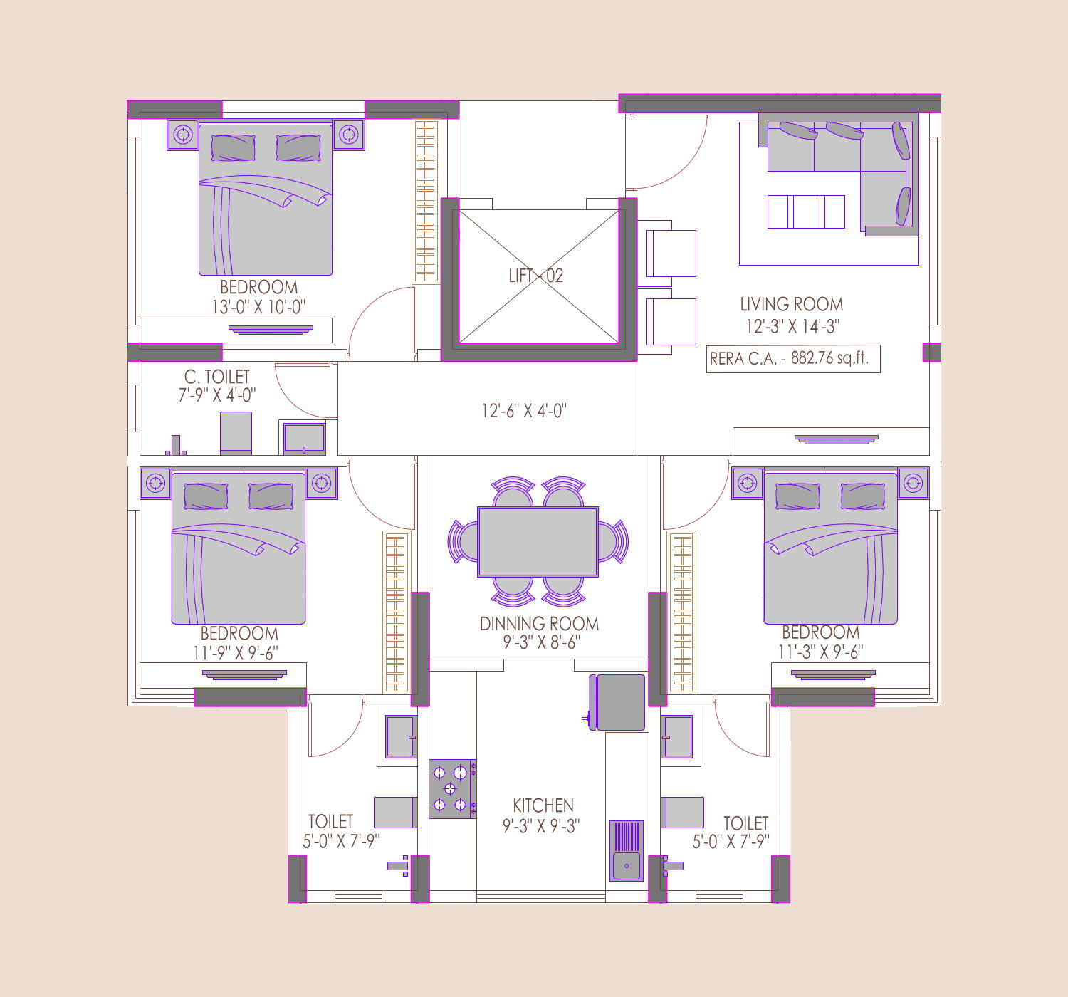 3 BHK floor plan