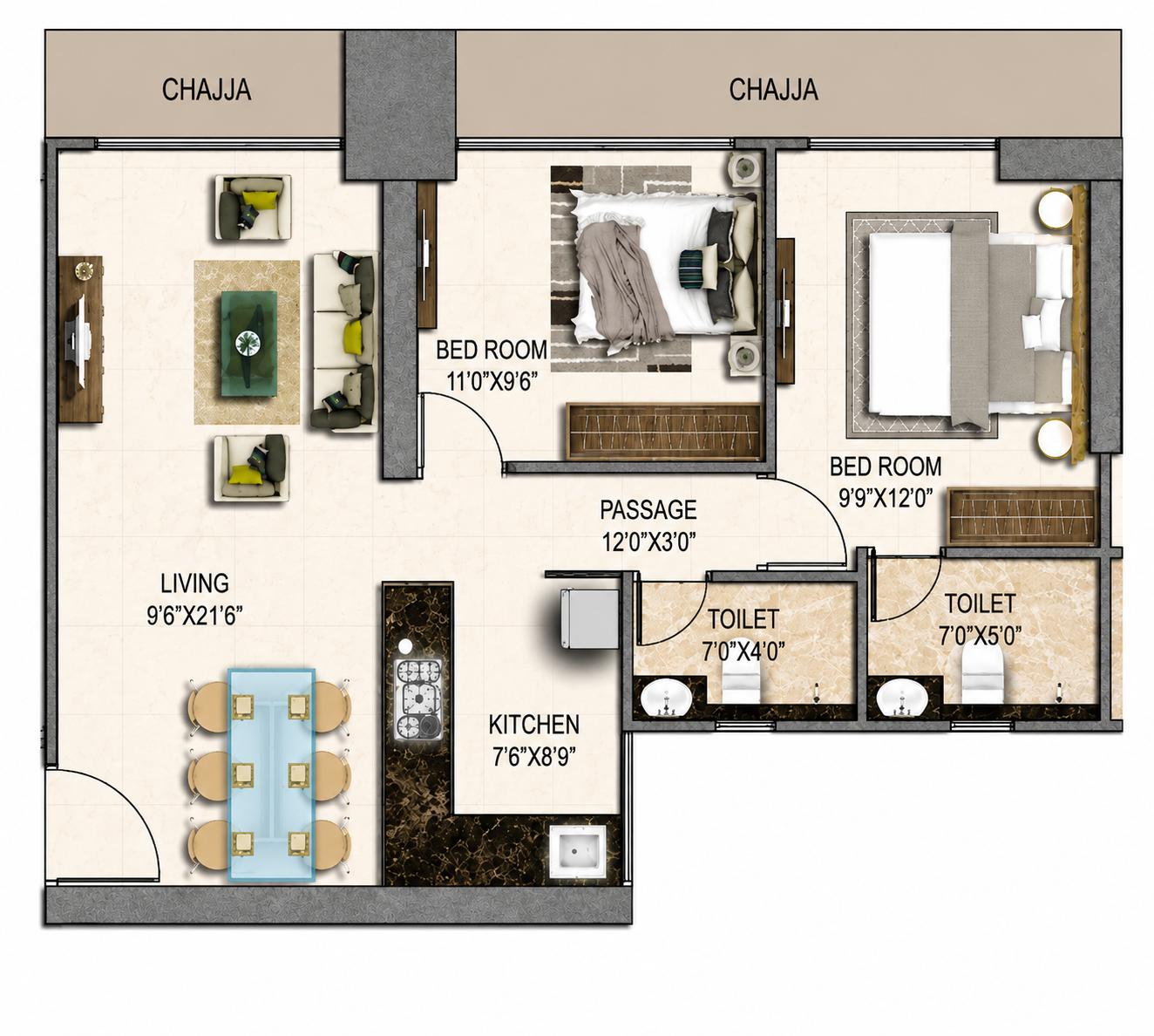 2BHK floor plan