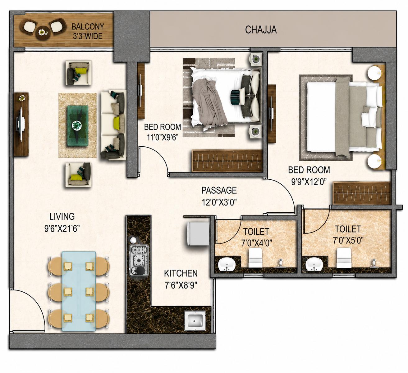 2BHK Premium floor plan