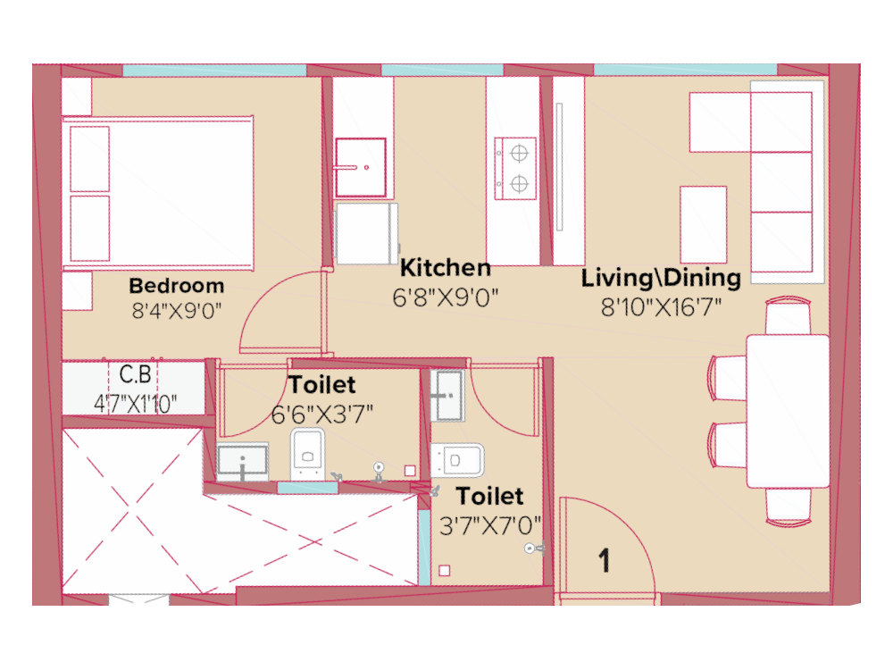 1 BHK T4 floor plan