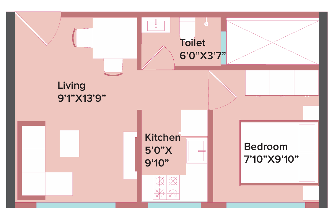 1 BHK T2 floor plan