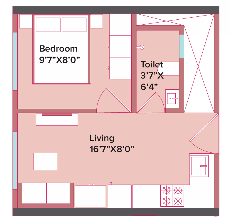 1 BHK T1 floor plan