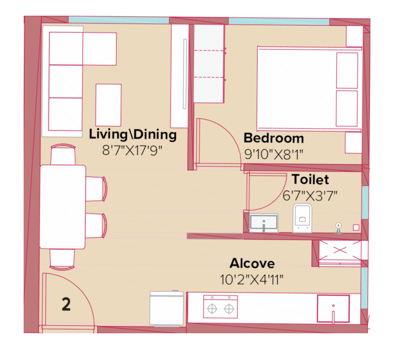 1 BHK T3 floor plan