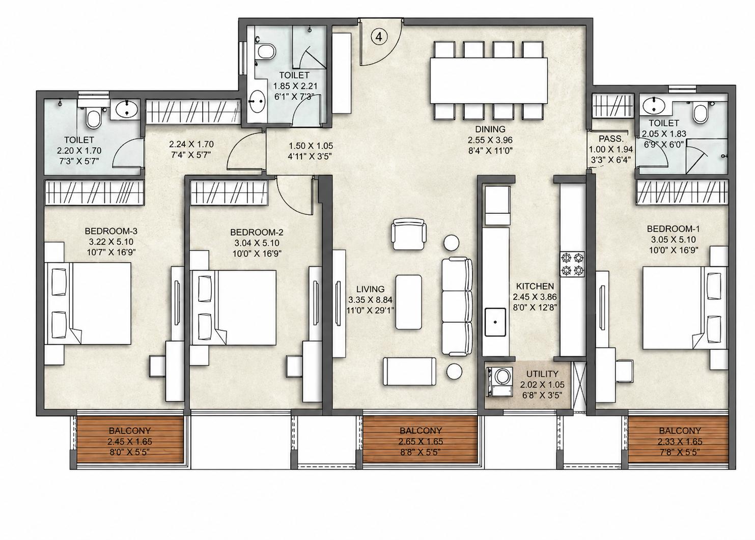 3BHK floor plan