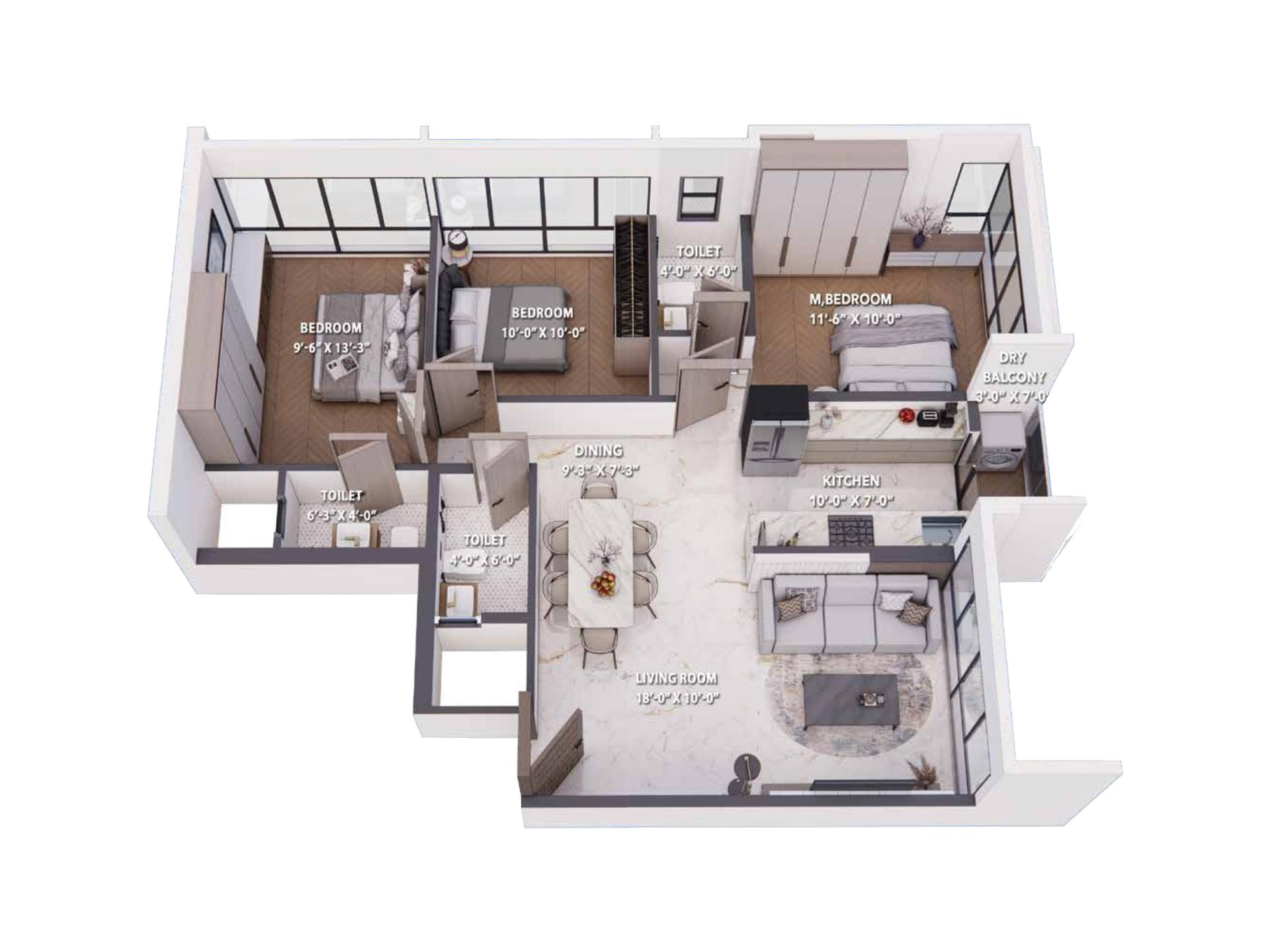 3 BHK Type1 floor plan