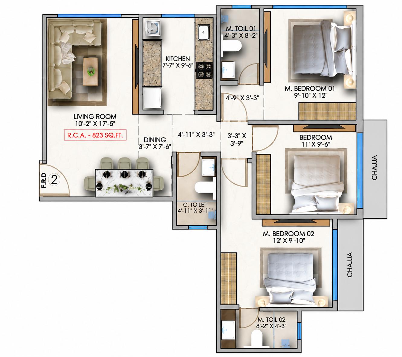 3BHK floor plan