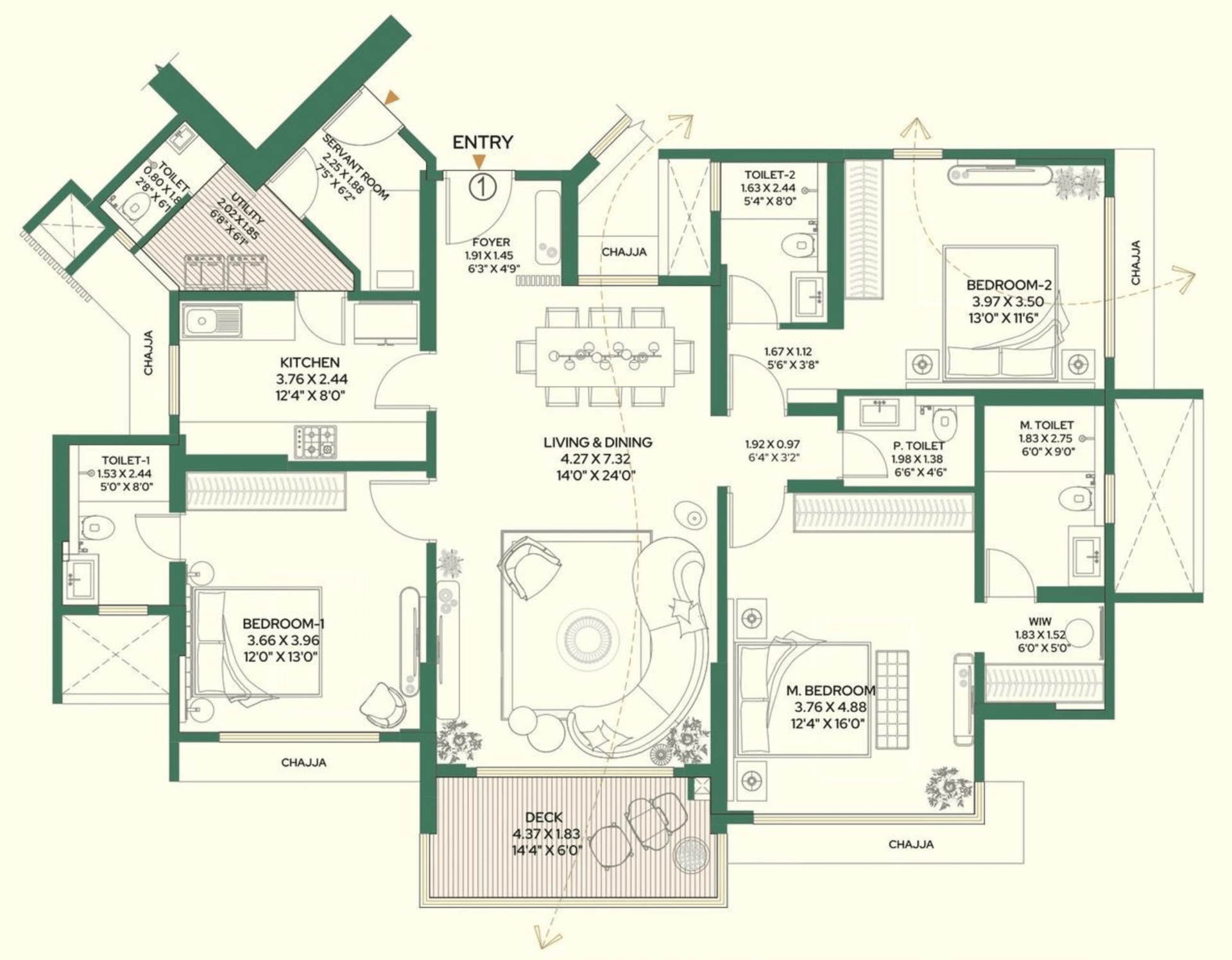 3 BHK T2 floor plan