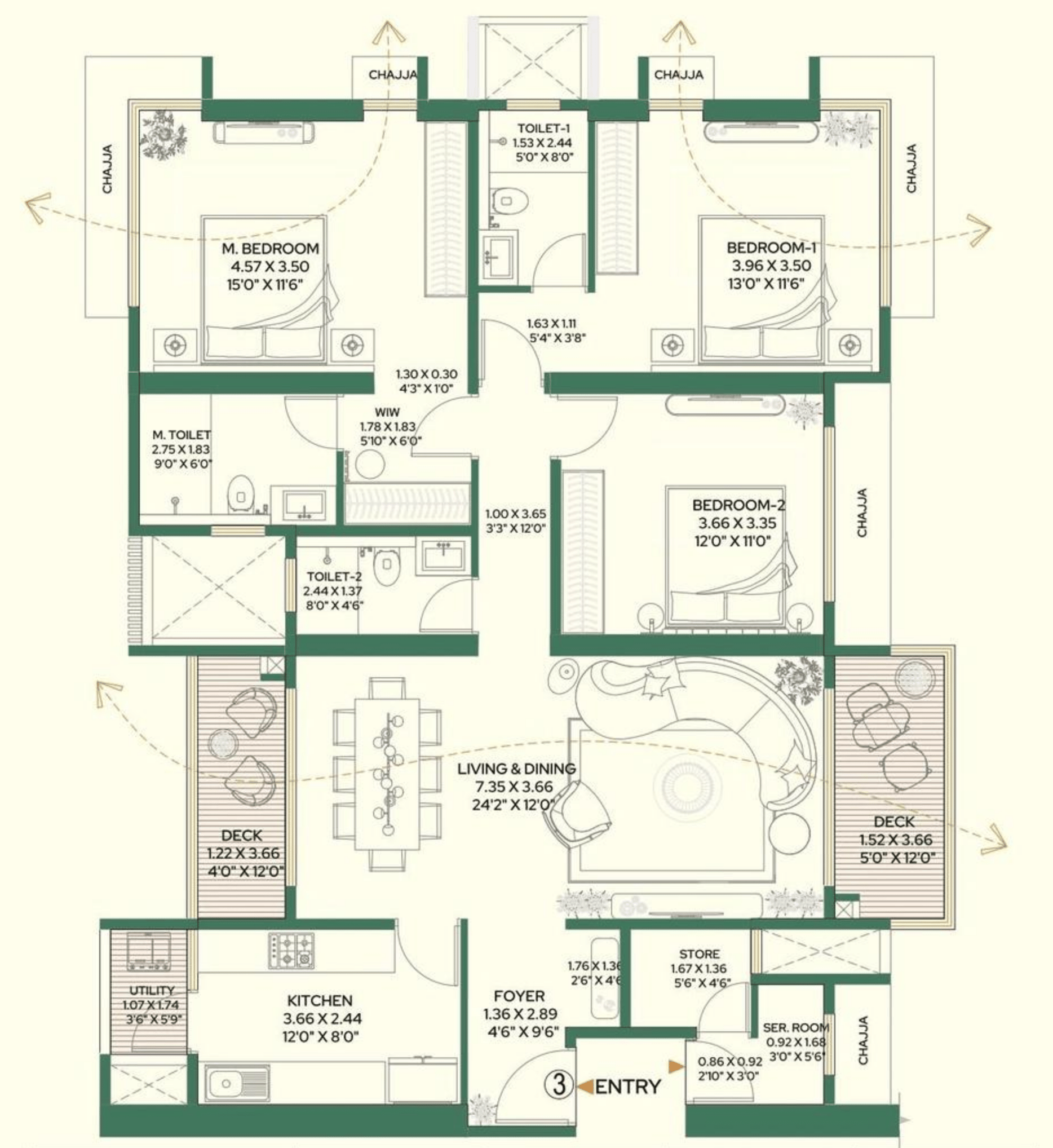 3 BHK T1 floor plan