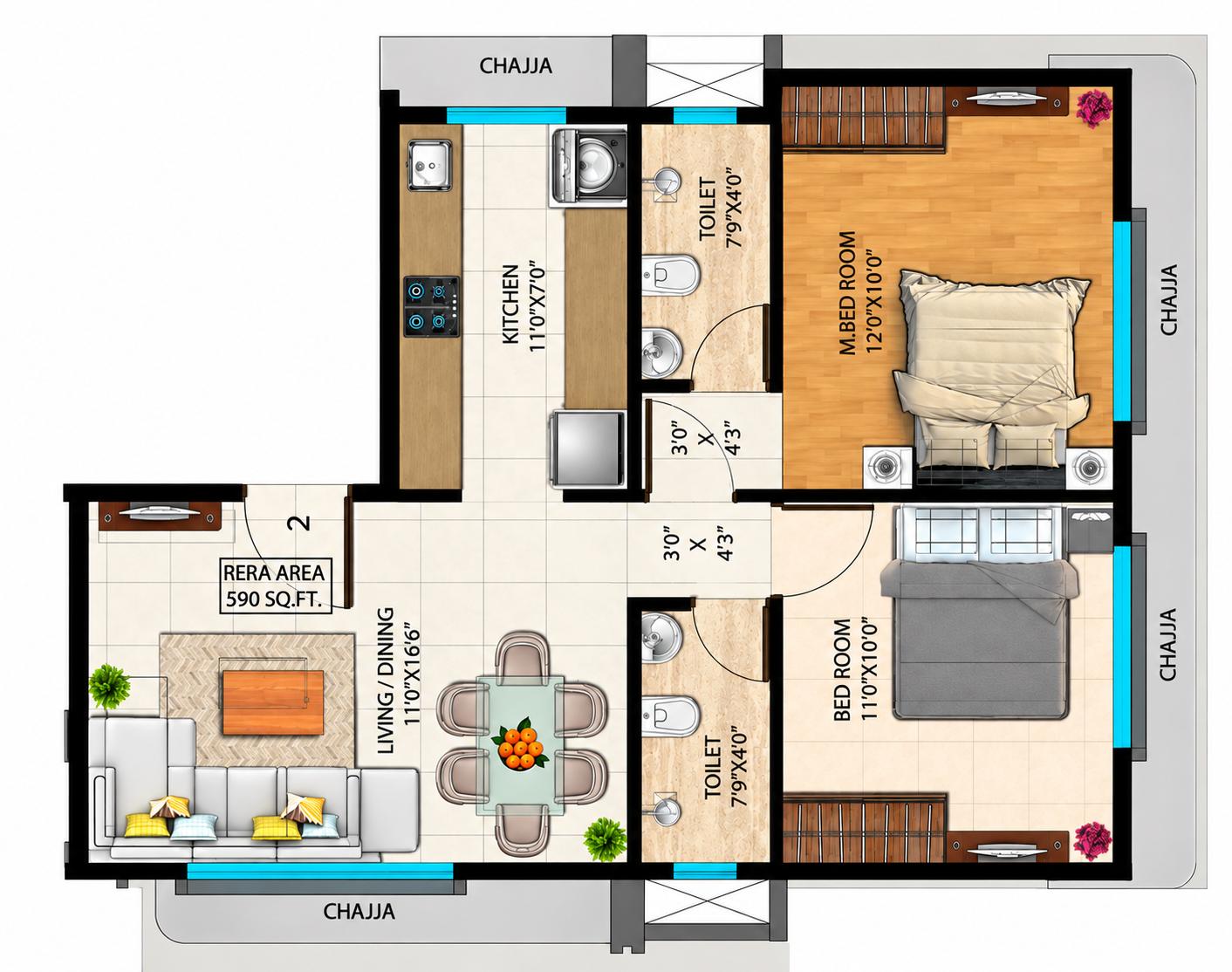 2BHK floor plan