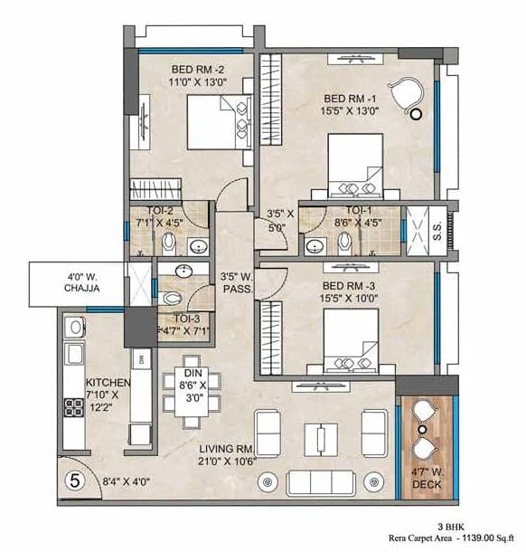3 BHK Type1 floor plan