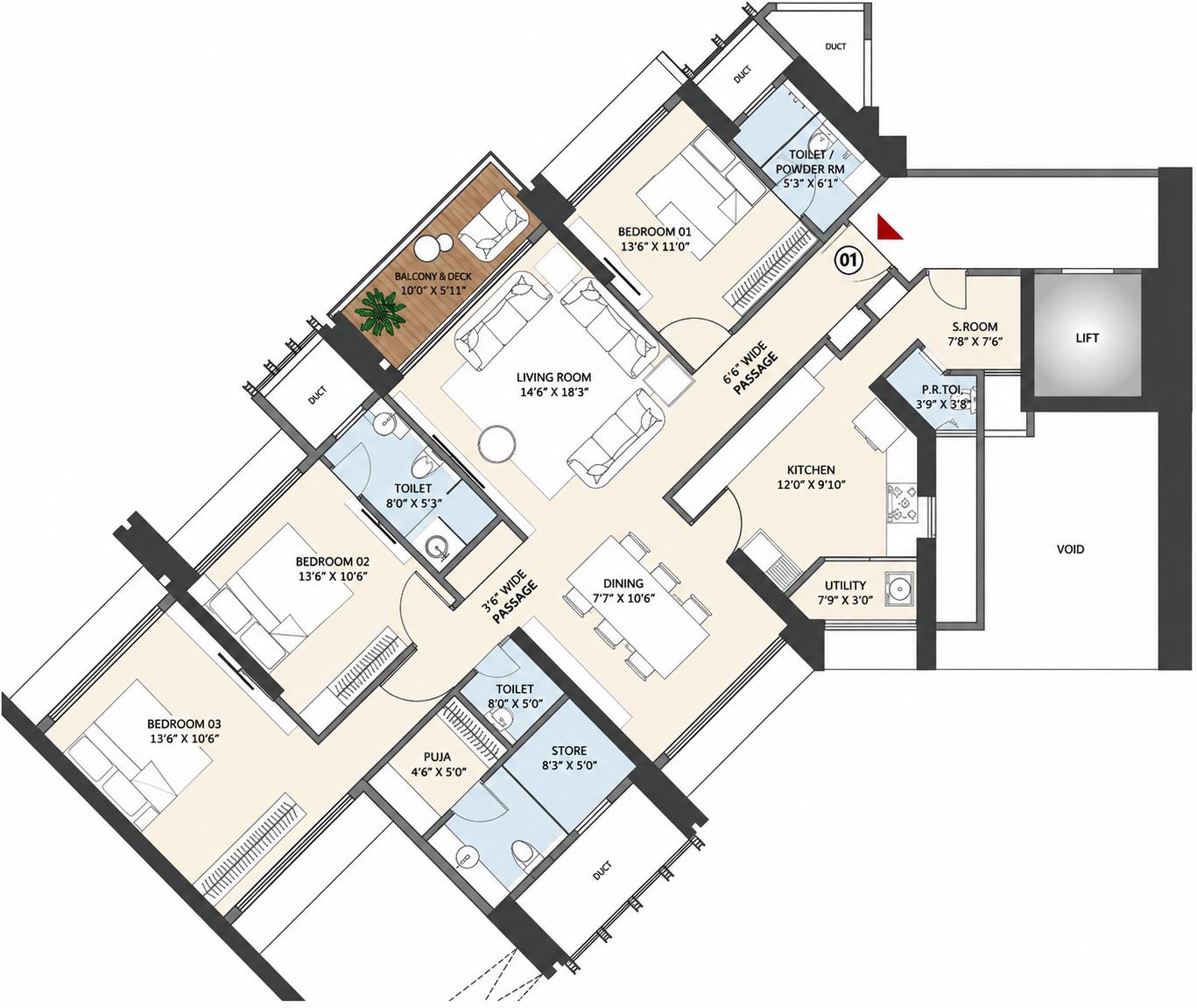 3BHK floor plan