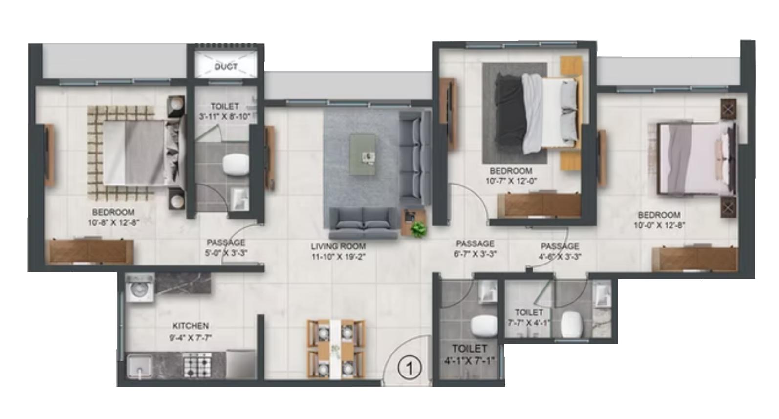 3 BHK Type1 floor plan