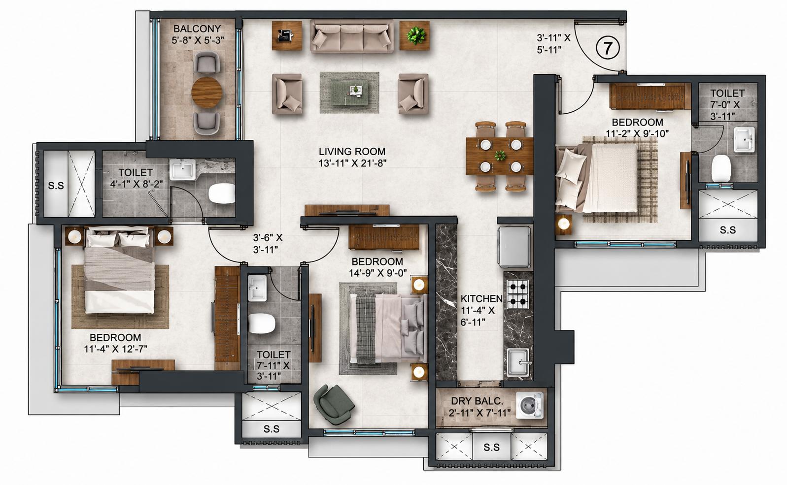 3 BHK Type2 floor plan
