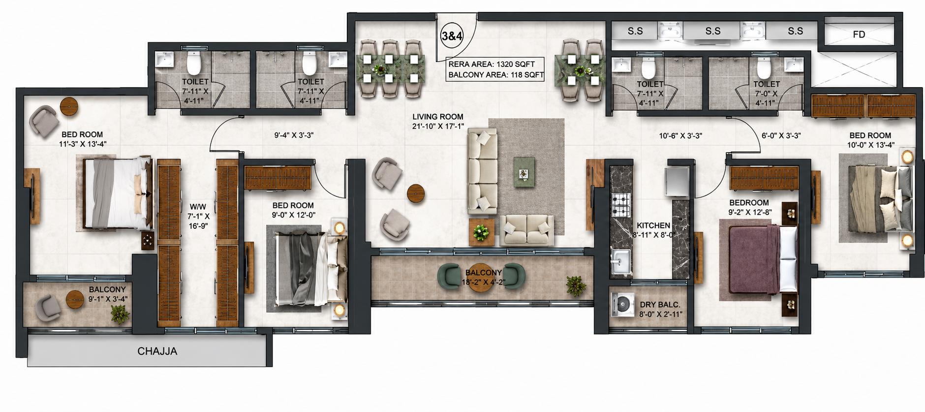 4 BHK (Jodi) floor plan
