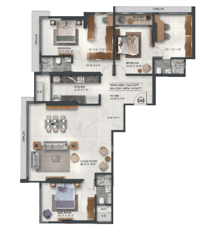 3 BHK (Jodi) floor plan